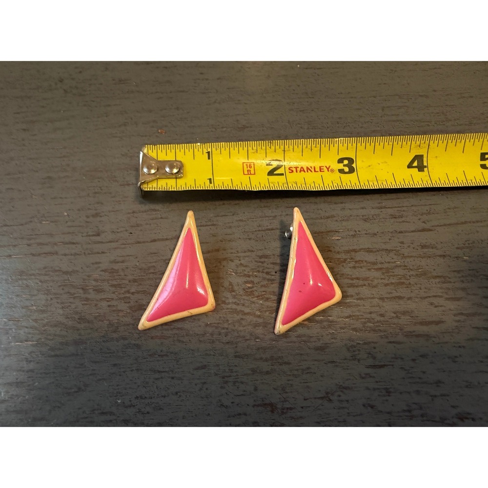 Vintage 80s Pink Enamel Geometric Triangle Post Earrings Retro Costume Jewelry
